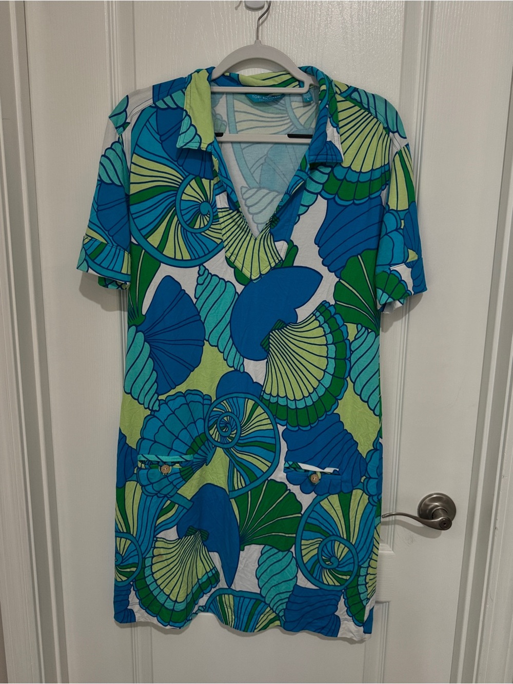 Tori Richard Blue Green Shell-Print Short-Sleeve Dress
